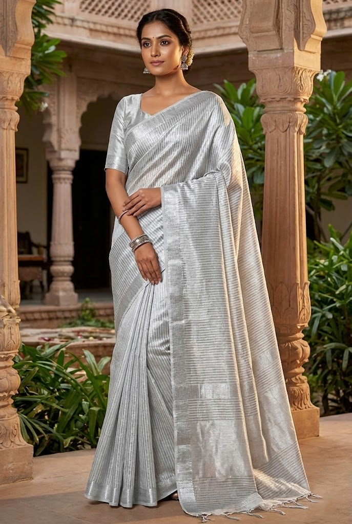 Maheshwari Saree Silver Stripes Semi
